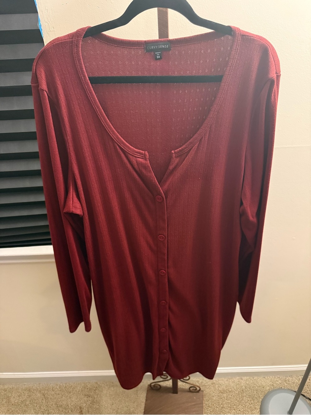 Curvy Sense Long Sleeve Burgundy Button-Down Midi Dress